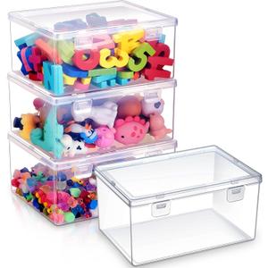 SiliFine 4 Pcs 7.09 x 5.2 x 3.43 Inch Clear Plastic Playroom and Gaming Storage Organizer Box Containers Stackable Storage Bins with Lids for Shelves or Cubbies, Holds Puzzles Building Blocks