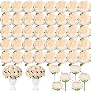 Suncalla 50 Pcs Artificial Peony Flower Bulk 3.5 Inch Silk Peony Flowers Heads with Stems Realistic Fake Roses for DIY Wedding Craft Bridal Bouquets Table Centerpieces Vase Home Decor (Cream)