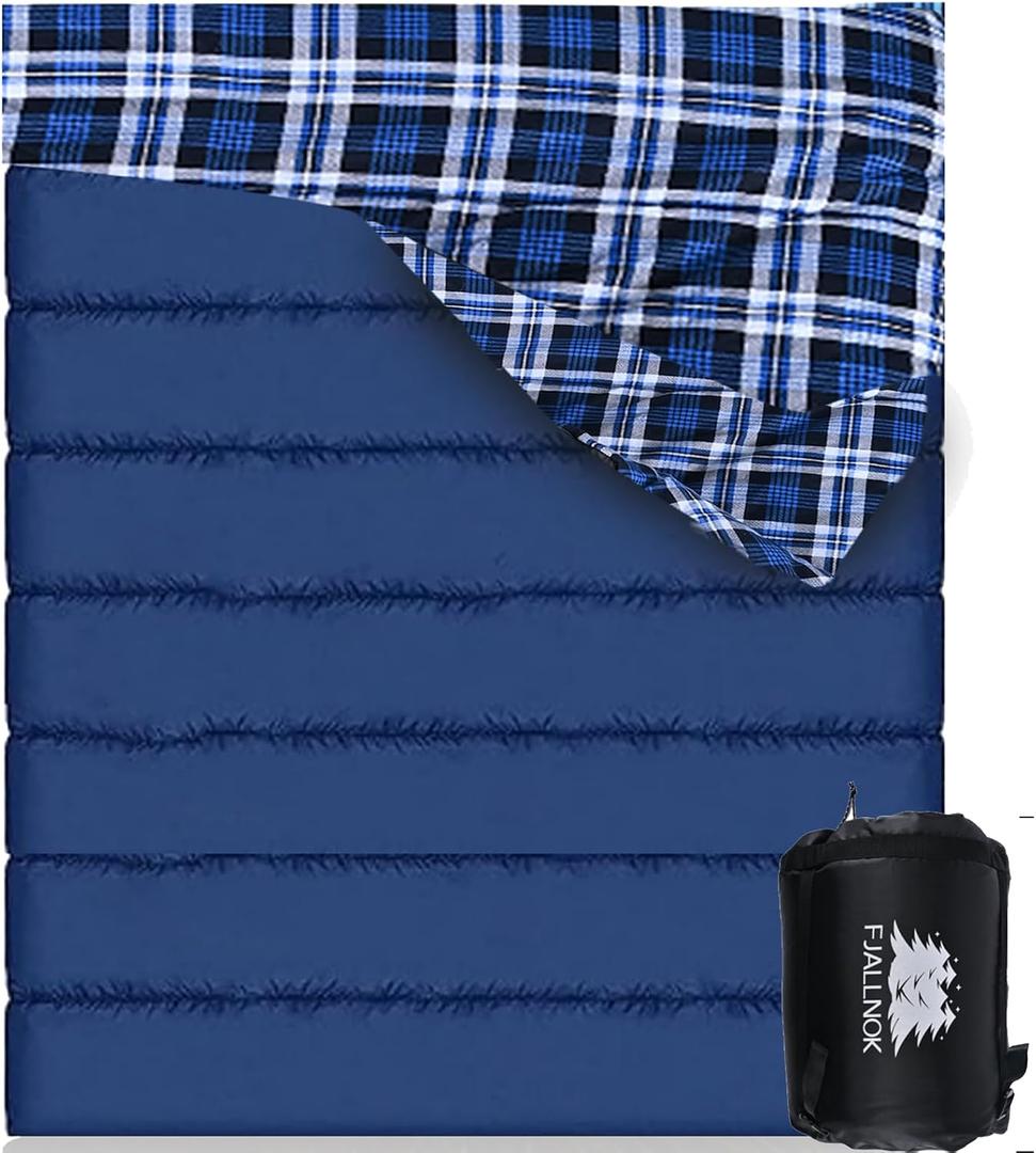 Cotton Flannel Double Sleeping Bag for Camping, Backpacking Or Hiking.Queen Size Two Person Sleeping Bags for Adults. Waterproof and Lightweight Travel Sack Included.