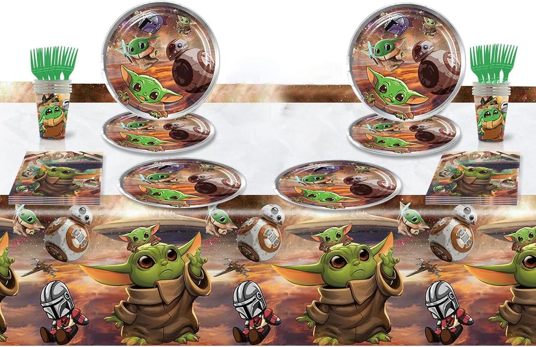 JEEON Yoda Cutlery Party Cutlery Party Set Environmentally Friendly Cutlery Paper Cups Paper Plates Paper Towels Party Tablecloth Christmas Birthday Party for Children, 51 Pieces