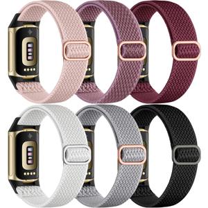 Maledan 6 Pack Stretchy Solo Loop Compatible with Fitbit Charge 5 Bands/Fitbit Charge 6 Bands for Women Men, Soft Nylon Adjustable Sport Elastic Wristbands Replacement Strap for Fitbit Charge 5/6 (Black/Rose Pink/White/Light Gray/Wine Red/Smokey Mauve)