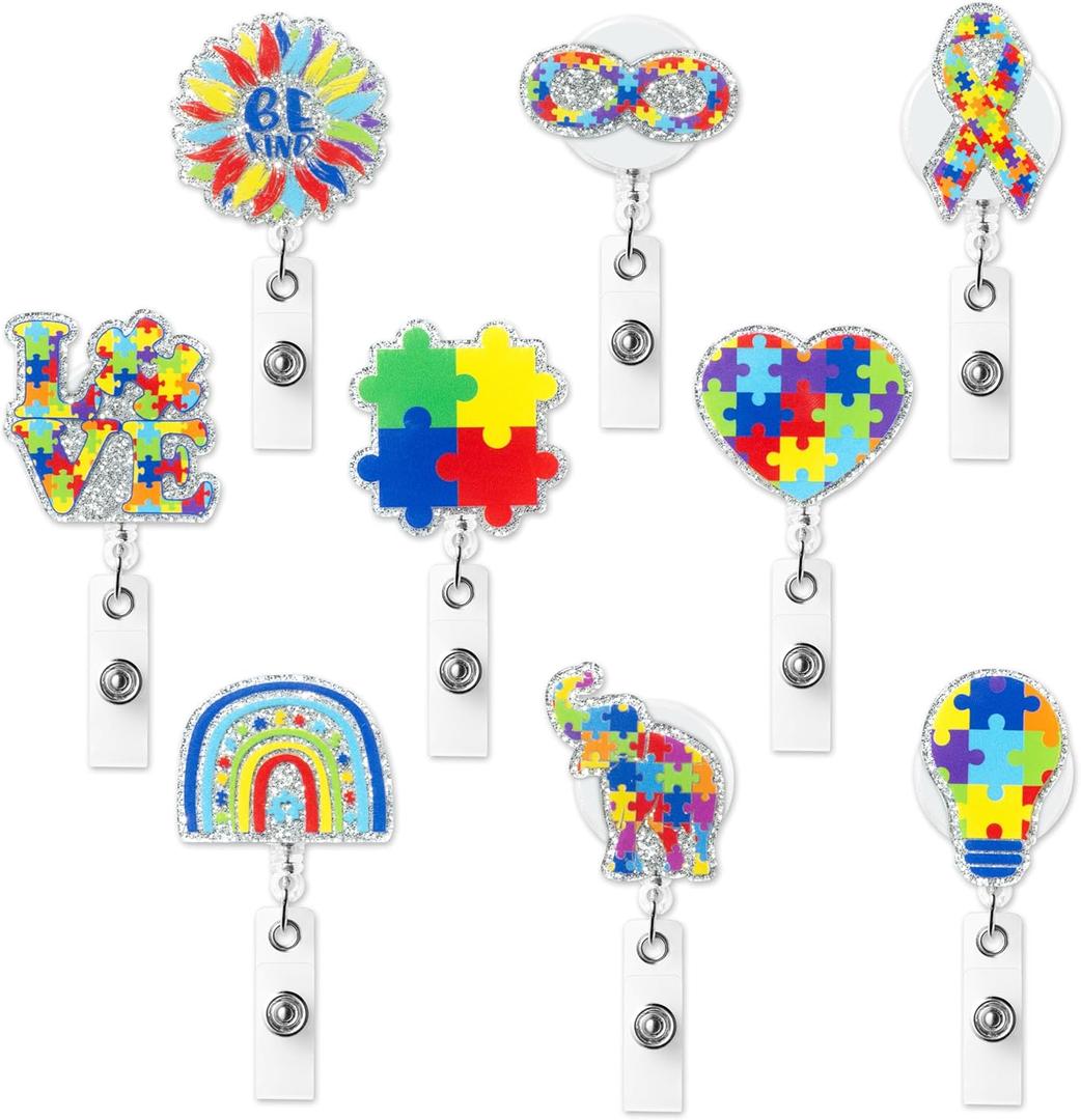 9Pcs Autism Awareness Month Badge Reel, Glitter Puzzle Acrylic Retractable Nursing Badge Clip, Rainbow Be Kind ID Card Name Tag Holder Office Alligator Clip Accessories for Doctor Nurse Student