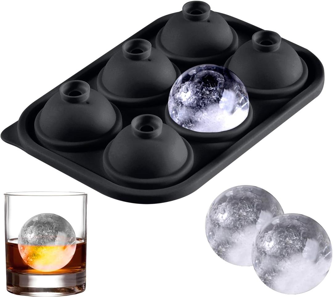 6-Cavity Round Ice Cube Tray Durable Silicone Mold for Perfectly Round Ice Cubes, Ideal for Cocktails, Whiskey, and Beverages Black, 2 pack
