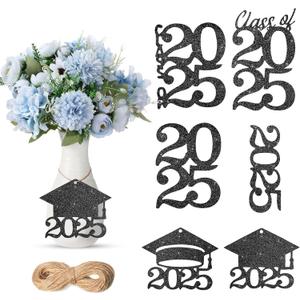 Jutom 48 Pcs Glitter 2025 Cutouts Tags Graduation Decoration Class of 2025 Centerpiece with 708.6 Inch Rope Graduation Party Favor Grad Cap Tags New Year Supplies(Black)