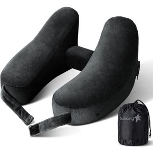 Sunany Neck Pillow for Travel Inflatable Airplane Pillow Comfortably Supports Head, Neck and Chin, Inflatable Travel Pillow with Soft Velour Cover and Portable Drawstring Bag (Black) (Standard (No Hat))