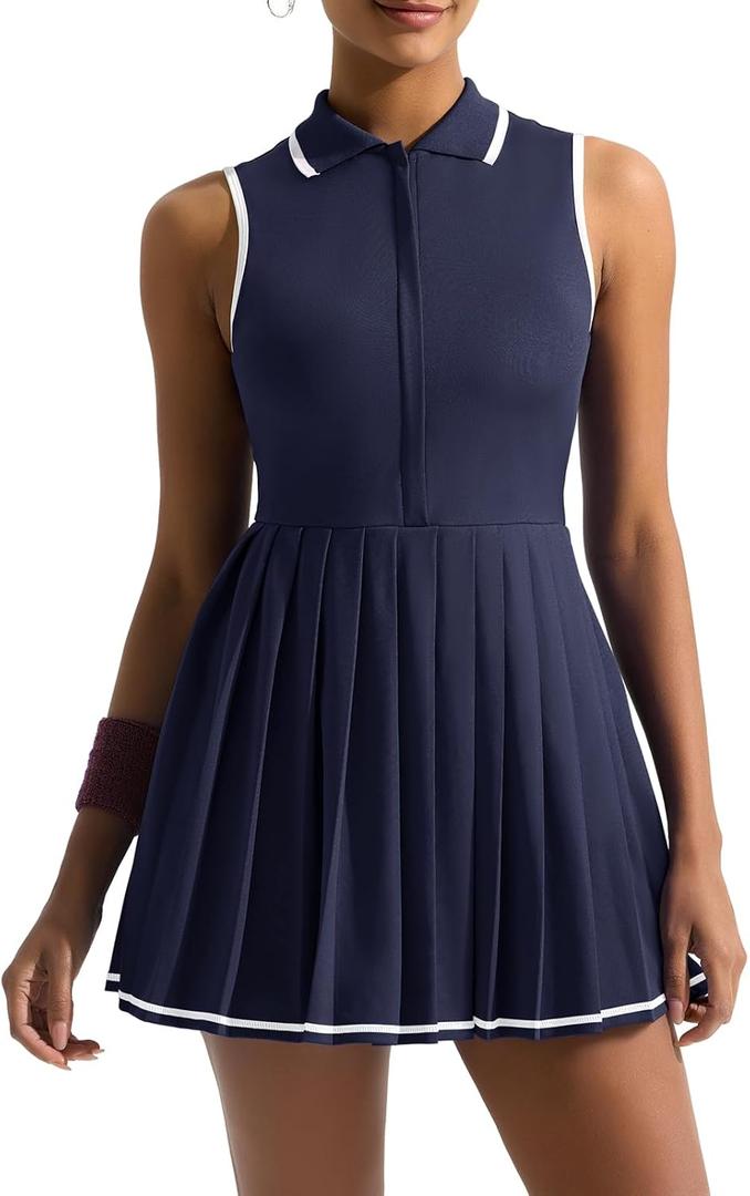 Sexyasasii Tennis Dress with Shorts and Bra Sleeveless Contrast Polo Half Zip Pleated Athletic Workout Golf Dresses (Medium, Navy Blue)