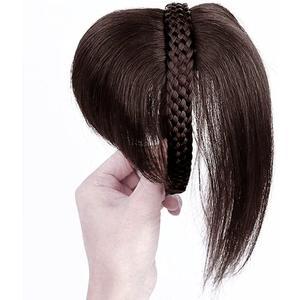 ICRAB 10" Womens Human Hair Braided Headband Hairpiece Natural Looking Hairband Braids Human Hair Topper Wiglets Clip In Topper Hair Piece with Bangs Twist Braid Human Hair Topper Dark Brown