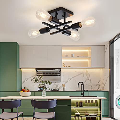 Eietonte Industrial 4-Light Semi Flush Mount Ceiling Light Fixture, Farmhouse Black Chandelier Lighting, Modern E26 Base Sputnik Ceiling Lamp for Kitchen Bedroom Living Room Hallway Entryway