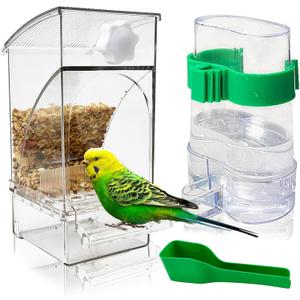 Hamiledyi No Mess Bird Feeders Water Dispenser Set Automatic Parakeet Cage Feeder with Perch Transparent Acrylic Container Parrot Cage Accessories for Canary Budgie Lovebirds Finches (Feeder + Drinking Bottle)
