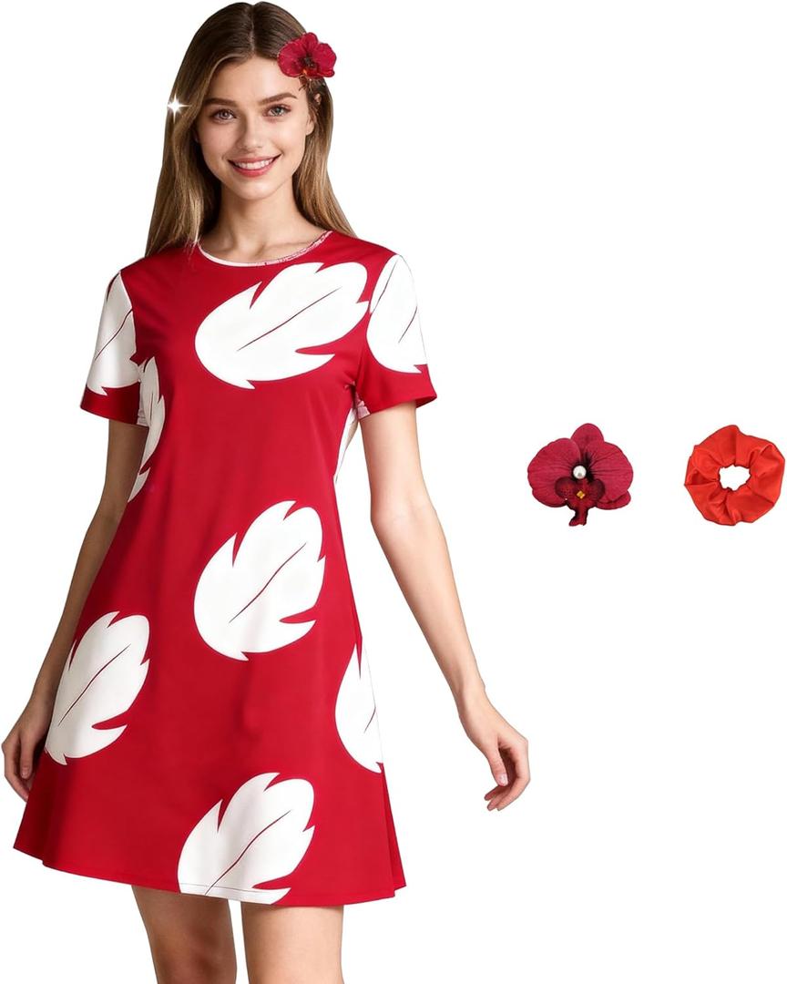 Lilo Costume Dress Women's Halloween Red Leaf Printed Hawaiian Dress with Flower Headpiece (X-Large)