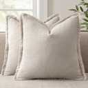 ANRODUO Set of 2 Decorative Throw Pillow Covers 26x26 Inch Soft Linen Fringe Farmhouse Boho Vintage Cushion Covers with Tassels Accent Pillowcase for Couch Sofa Bed Living Room Summer Natural Beige