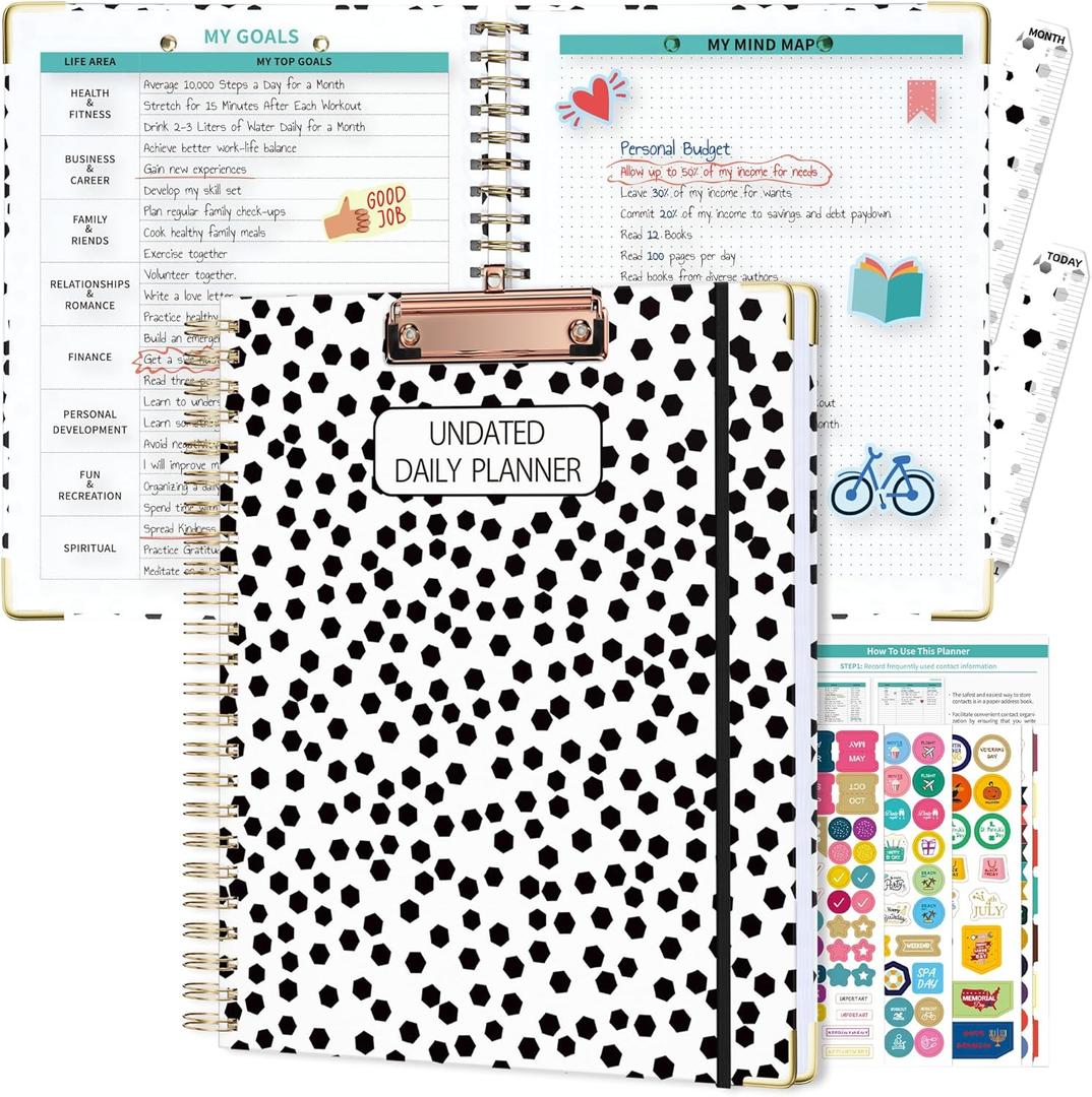 Ospelelf Undated Spiral Planner 12 Months, Daily Weekly and Monthly Academic Planner with Clip 8.5 x 11 (black)