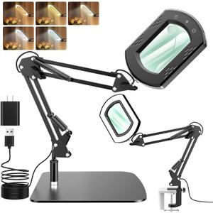 10X 30X Magnifying Glass with Light and Stand, Magnifying Lamp with Real Glass Square Lens, Stepless Dimming & 5 Color Modes, Magnifying Glass for Close Work, Crafts, Sewing, Repair & Reading