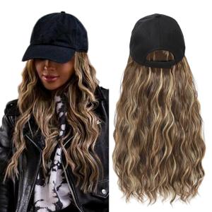Synthetic Wig Hat with Natural Wave hair Extensions attached for woman Baseball cap wig Mix brown blonde curly wavy Hairstyle Adjustable Hat Wig (Mbrown blonde, 22inch)