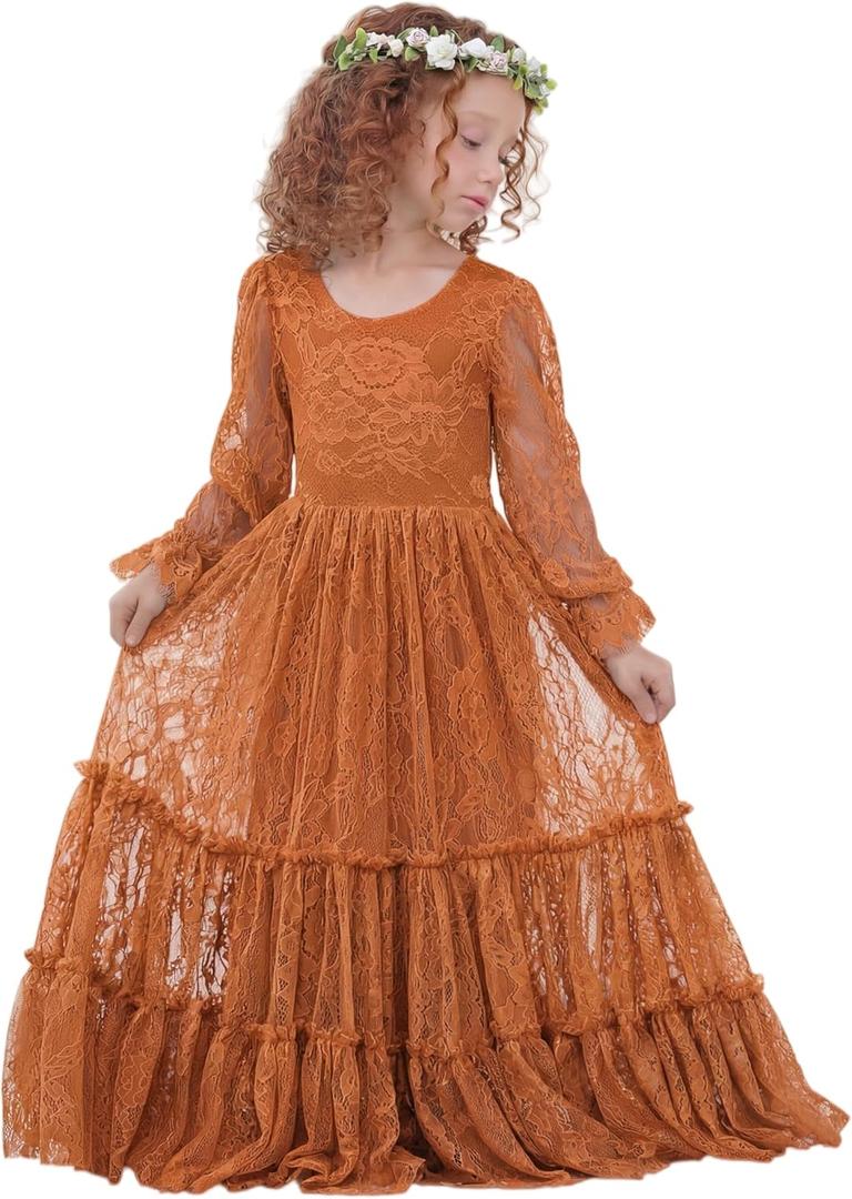 LalaMira Flower Girl Dress Lace Boho Toddler Dresses Ruffle Girl Dress for Wedding Garden Party Holiday Communion Long Sleeve (2T, Burnt Orange)