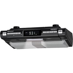 Jensen Modern Wireless Under Cabinet Kitchen Universal Bluetooth Music System, FM Radio, Clock LCD Digital Display , Built-in Hands-free Mic & Speakers (Includes Mounting Hardware)