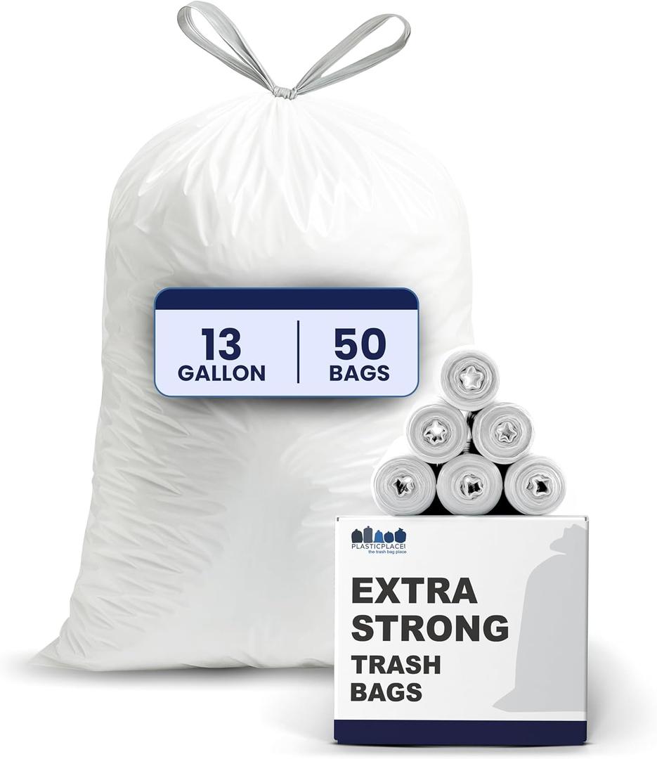 Plasticplace 13 Gallon Trash Bags  1.2 Mil  White Extra-Large Drawstring Garbage Can Liners  24" x 31" (50 Case)