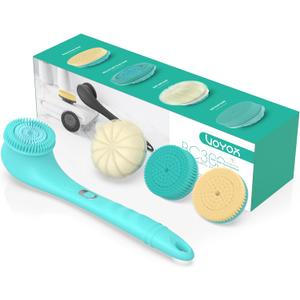VOYOR Electric Body Brush Back Scrubber Silicone Body Scrubber Two-Way Rotating Brush Head for Deep Cleaning, Exfoliation, 4 Attachments Long Handle IPX6 Rechargeable Shower Brush BC300 (Blue)
