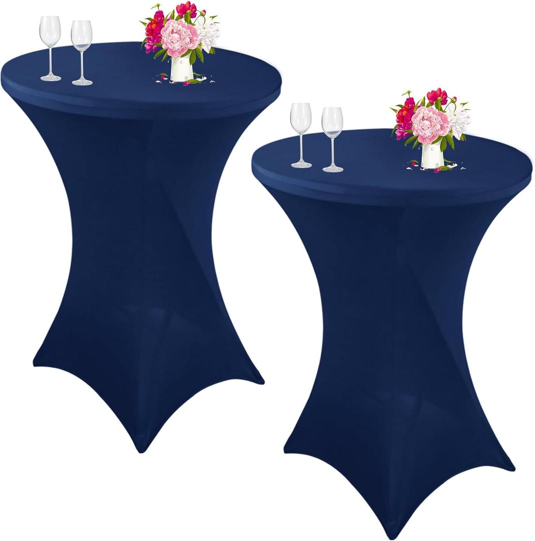 Pack of 2 Cocktail Spandex Tablecloth 32"x43" Cocktail Table Cover Fitted High Top Round Table for Bar Wedding Birthday Party Banquet (Navy Blue)