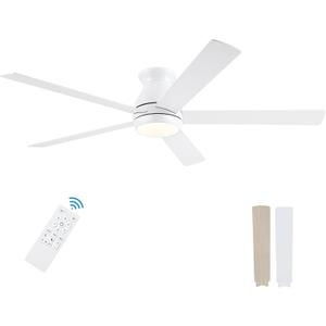 60 Inch White Ceiling Fans with Lights and Remote, LED Low Profile Flush Mount Ceiling Fan for Bedroom, Living Room, Quiet DC Motor, Dimmable 6 Speeds