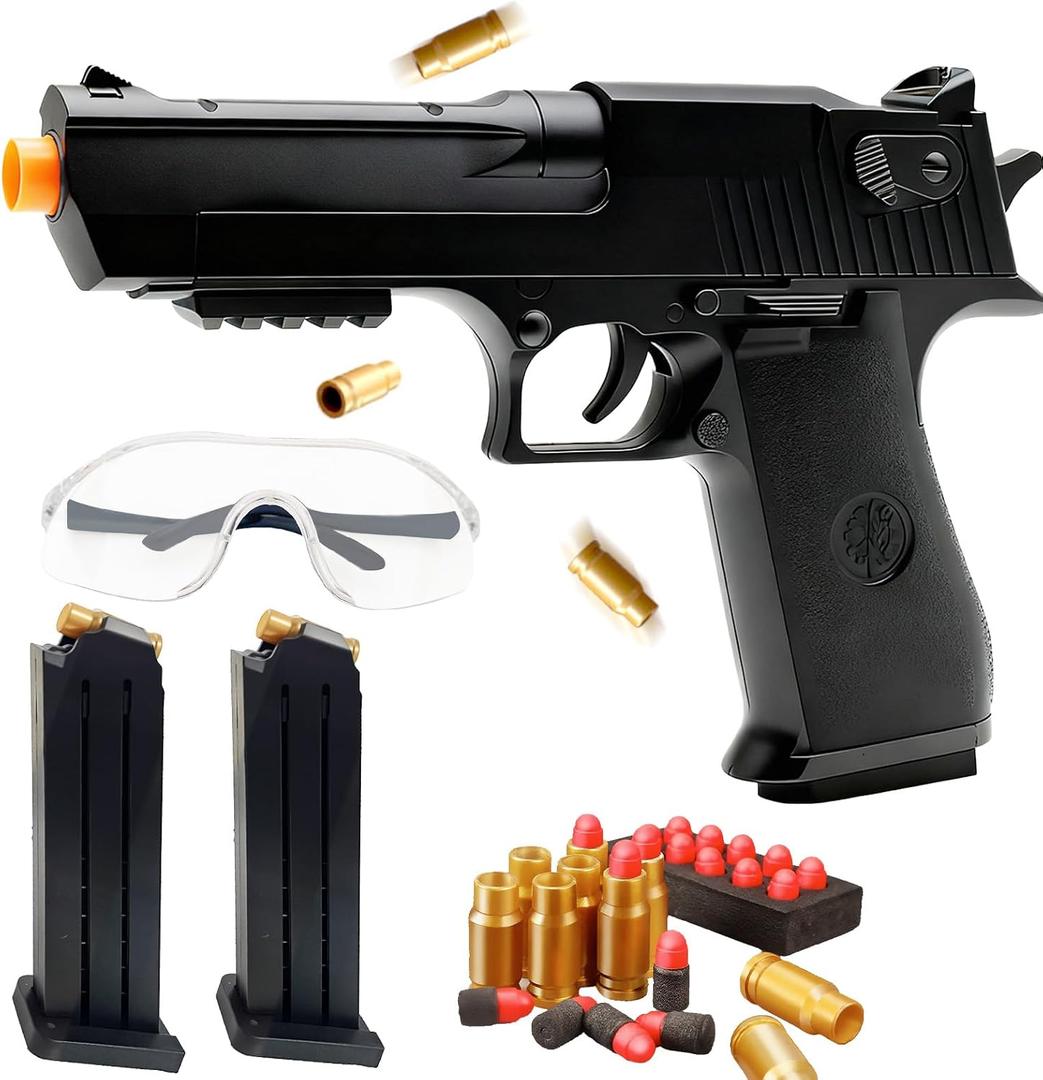Manual Shell Ejecting Tactical Toy Blaster - Desert Black with Orange Tip, Includes 2 Mags, 50 Foam Darts, 40 Shells & Goggles for Realistic Target Play, Christmas Birthday Gift