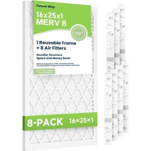 Future Way 16x25x1 Air Filters, 8-Pack with Reusable Frame, MERV 8, MPR 700 AC Furnace Filters, Space Saving & Cost-effective