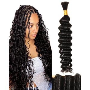 BEEOS Human Braiding Hair 18 Inch 50g, Deep Wave No Weft Bundles for Boho Braids Curly Human Hair Natural Black 1B