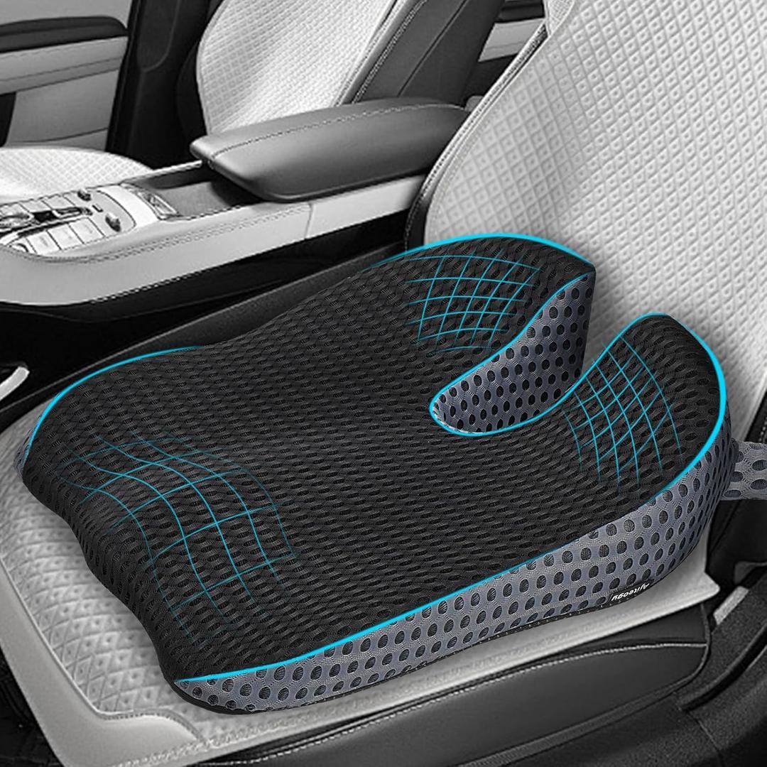 Car Seat Cushion  Memory Foam Car Booster Seat Cushion for Adults  Wedge Design for Driving Height & Comfort  Breathable Mesh Seat Pad for Car Seats with Adjustable Straps (Black)