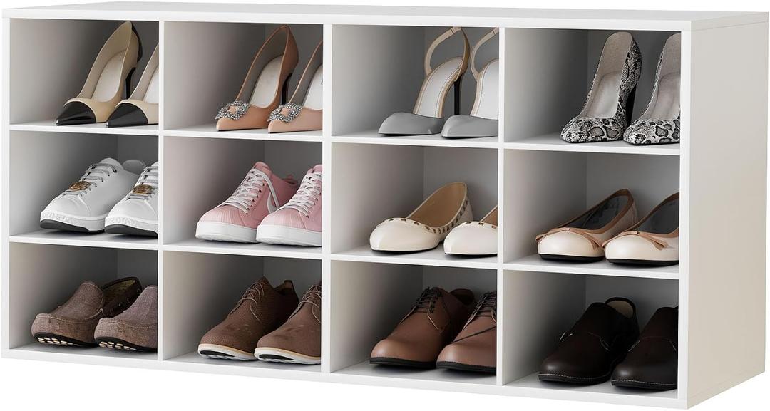 Garden 4 you Shoe Storage Bench, Cubby Shoe Rack with 12 Cubbies, 3-Tier Wood Shoe Rack Organizer, Shoe Organizer Cabinet for Entryway, Hallway, Closet and Garage, White