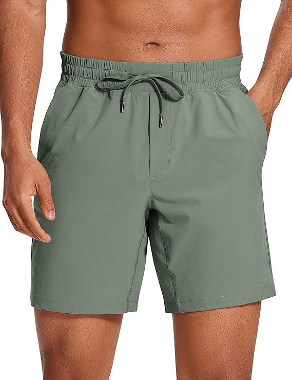 CRZ YOGA Men's Linerless Workout Shorts - 7'' Quick Dry for Running Sports Athletic Gym with Pockets (Large, Black)