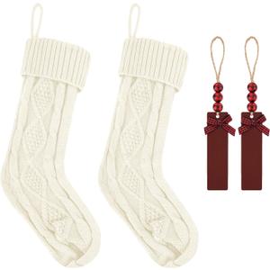 2Pack Personalized Christmas Stockings - 18 Inch Large Cable Knitted Xmas Hanging Stockings with DIY Wooden Name Tags for Family Holiday Decor (White)