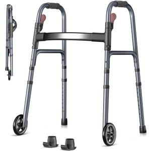 Folding Walker for Seniors, Rolling Walker with 8 Height Adjustments, One-Hand Folding, 300lbs Capacity, Lightweight Aluminum Front Wheel Walker for Elderly Adults and Handicap