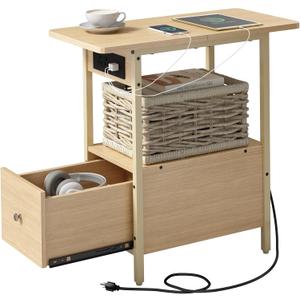LIDYUK End Table with Charging Station, Narrow Side Table with Drawer and USB Ports & Power Outlets, Nightstand Bedside Tables for Small Spaces, Bedroom, Living Room, Natural (Pack of 1)