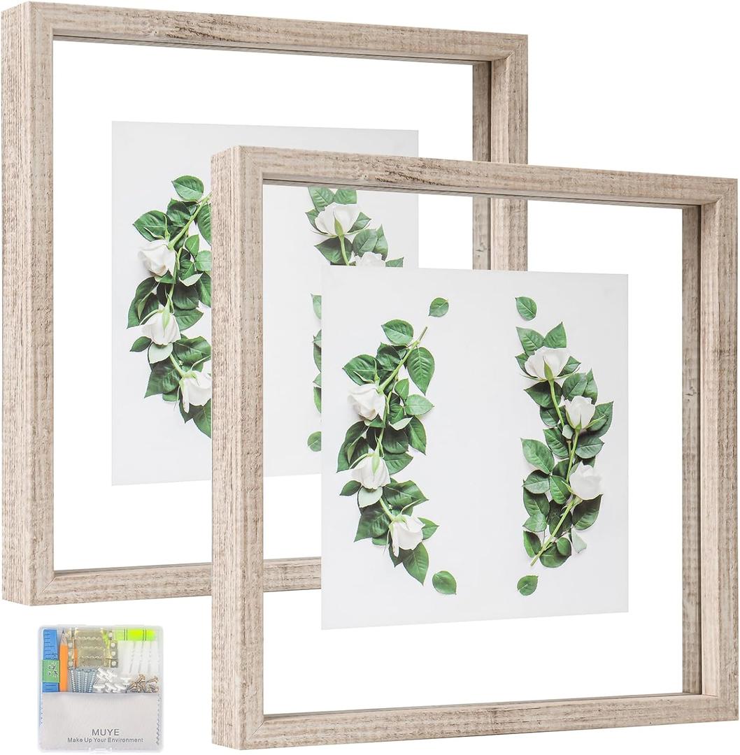 MUYE 10x10 Floating Frame Distressed Beige White Wood Pattern,Double Glass Square Picture Frame Display Any Size Photo up to 10x10,Wall Mount or Tabletop,2 Pack