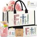 6 Pcs Christian Gifts for Women Faith Set Mother's Day Religious Gift for Women with Tote Bag Makeup Bag Candle Cross Necklace Cup Greeting Card for Church Grad Birthday(Faith, Morandi)