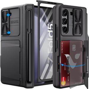 Vihibii for Samsung Galaxy Z Fold 5 Case with S Pen Holder & Card Holder & Slide Lens Cover & Screen Protector & Hinge Protection, Shockproof Rugged Wallet Phone Case for Galaxy Z Fold 5 2023, Black