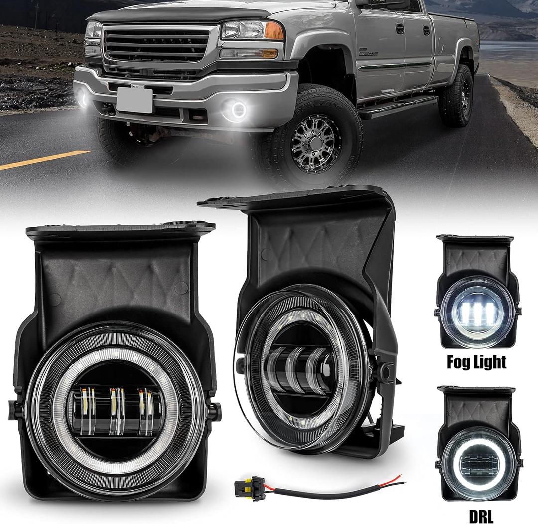 LED Fog Lights with DRL Compatible with 2003-2006 GMC Sierra 1500 2500 3500 Heavy Duty Pickup Bumper Driving Fog Lamps with Halo Angel Eyes 1 Pair Sierra Fog Lights wtih Wiring Harness