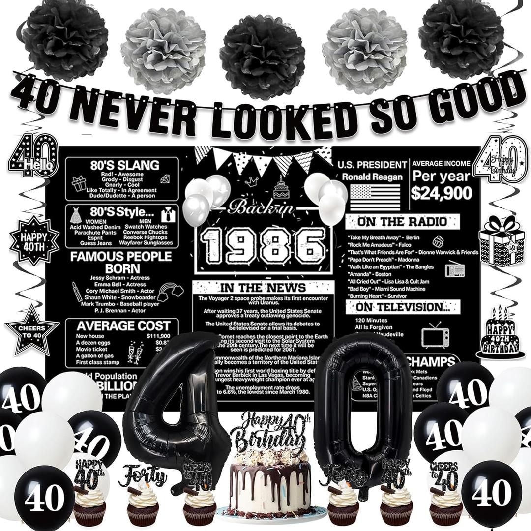 Crenics Black 40th Birthday Decorations for Men Women - Back in 1986 Backdrop, Banner, Paper Pom Poms, Hanging Swirls, Cake Topper and Balloons for 40 Birthday Party Supplies