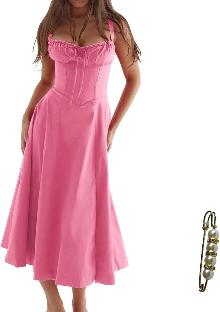 Adjustable Strap Midi Dress, Square Neck A-Line with Side Slit (Pink, S)