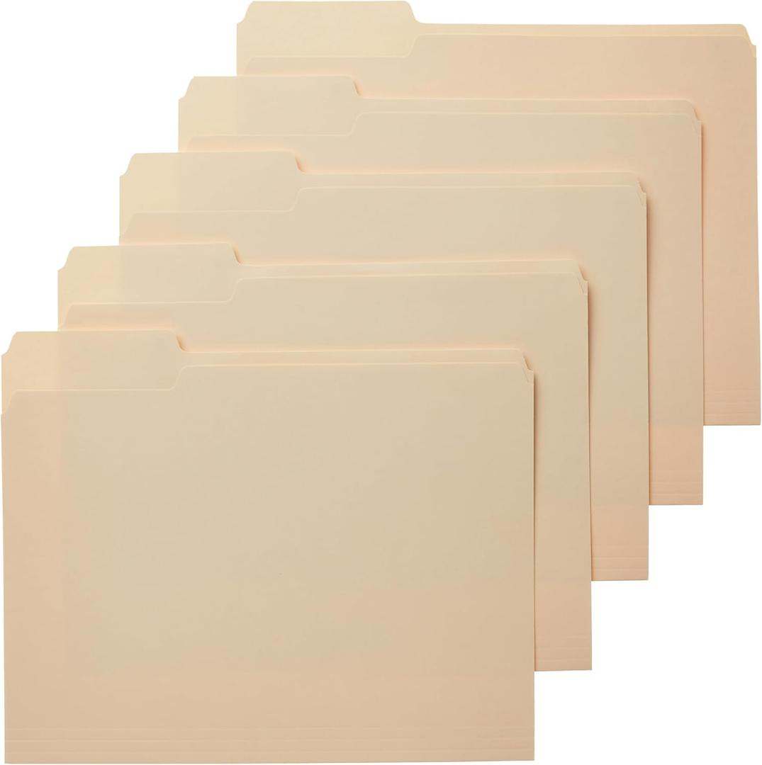 Amazon Basics Sturdy File Folders with Reinforced Tabs for Filing and Organization, 1/3-Cut Tab, Assorted Positions, Letter Size, 8.5x11 inches, Manila, 100-Pack