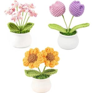 3pcs Crochet Flowers Pot Set with Sunflower Tulips and Forget Me Not Small Potted Flowers Handmade Crochet Gift for Mom Wife Mothers Day Valentines Birthday Decor for Home Office or Car