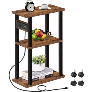 TUTOTAK Small Narrow Side Table with Charging Station, Skinny End Table for Small Spaces, Slim Nightstand with USB Ports and Outlet, Sofa Beside Table with Wheels, Brown TB01BB046