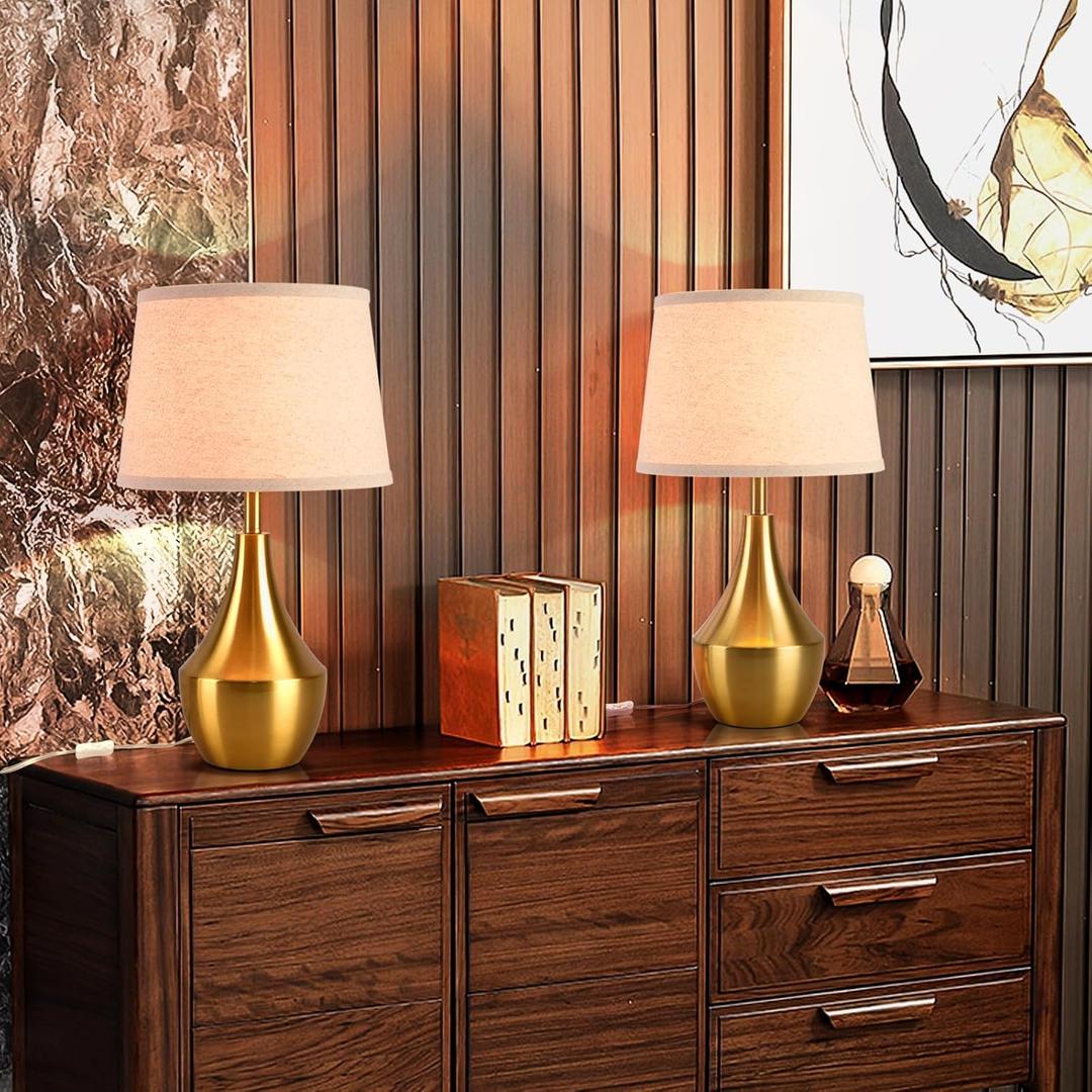 Sionfungluxx Brass Gold Table Lamps Set of 2, 19.3" Modern Bedside Table Lamp for Bedroom Nightstand, Cute Table Lamps for Living Room, Office Desk, End of Table