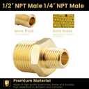 KOOTANS 1/2 NPT Male x 1/4 NPT Male Solid Brass Nipples, Heavy Brass Pipe Adapter Fittings Hex Reducing Nipples Connectors 4Pieces