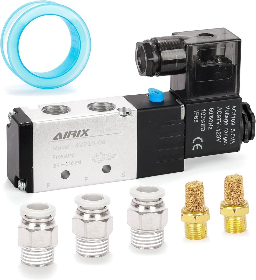 4V210-08 Pneumatic Solenoid Valve AC110V, 2 Position 5 Way, 1/4" NPT, Pilot-Operated Single Coil, Fast Response Electric Air Valve with Junction Box & Quick Connect Fittings