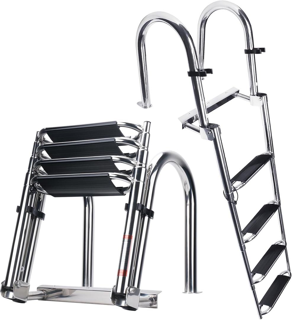 Heavy Duty Pontoon Boat Ladder, 316 Stainless Steel 4 Step Telescoping Folding Rear Entry Inboard Ladder All Welded Reinforce Dock Swim Deck Ladder with Wide Steps Strong Handrails