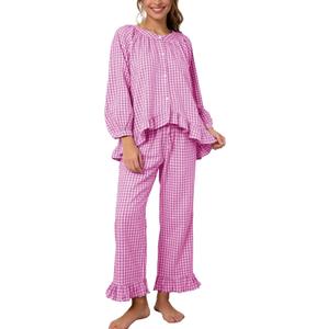 Flygo Womens Plaid Pajamas Sets 2 Piece Cotton Pj Set Puff Sleeve Ruffle Babydoll Shirt Gingham Pants Lounge Sets (Pink, XS)