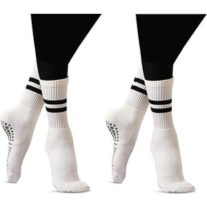 Flydo Pilates Grippy Socks with Grips for Women Yoga Non Slip Long Socks for Pure Barre, Ballet,Dance Workout 2-5 Pack (One Size, 2 Pairs-white)