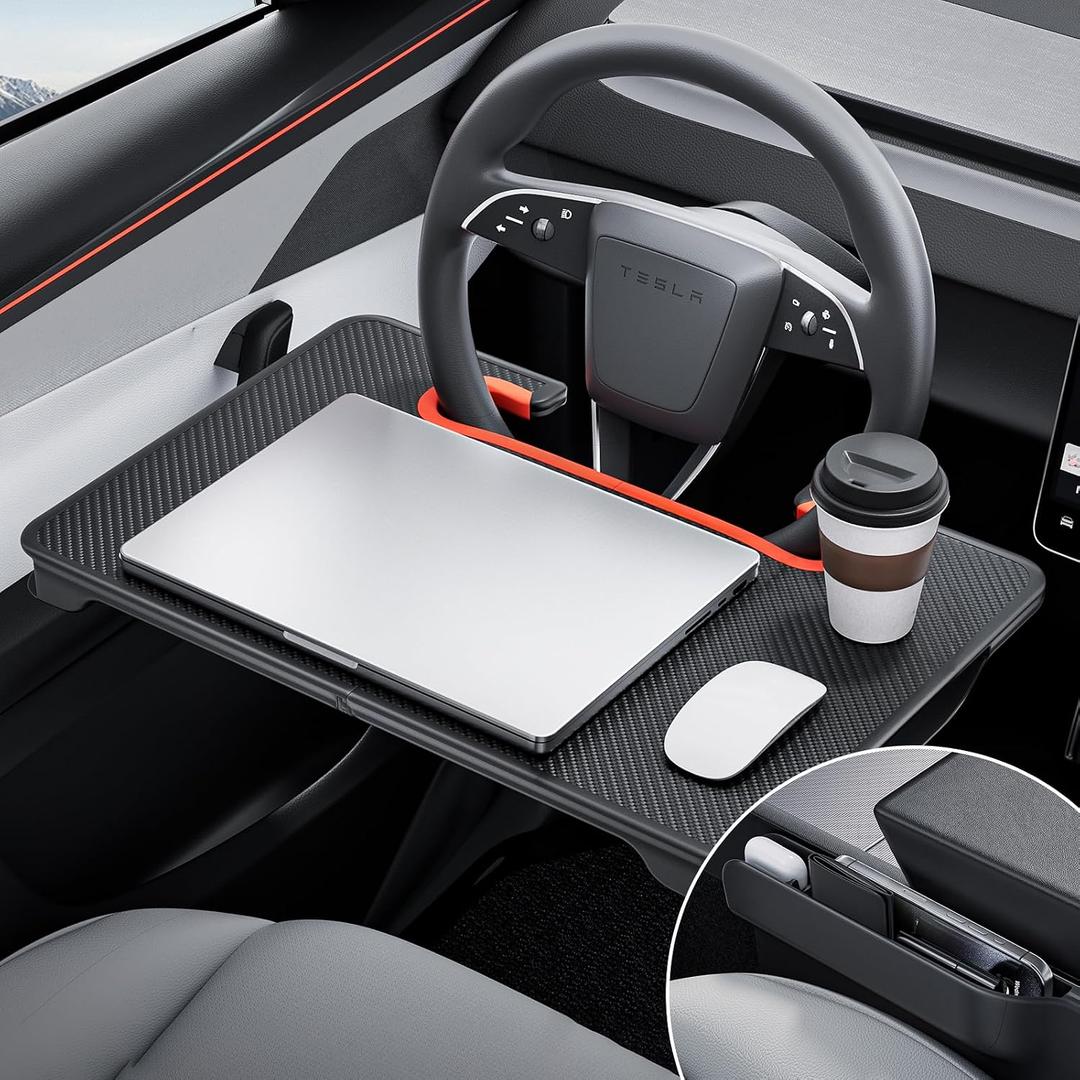 YONZEE 2-in-1 Car Steering Wheel Desk Tray & Car Seat Gap Filler Organizer Foldable Carbon Fiber Look Table for Laptop, Eating, Writing for Standard Round Steering Wheels