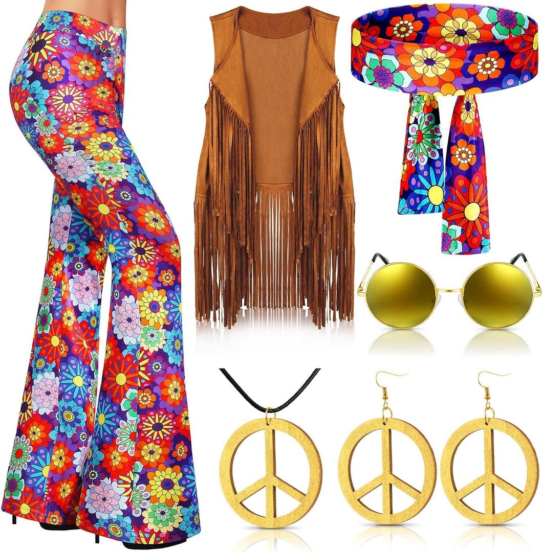 Haull 7 Pcs 60s 70s Disco Hippie Outfits for Women Halloween Costume Set Boho Flared Pants Fringe Vest Peace Sign (S)